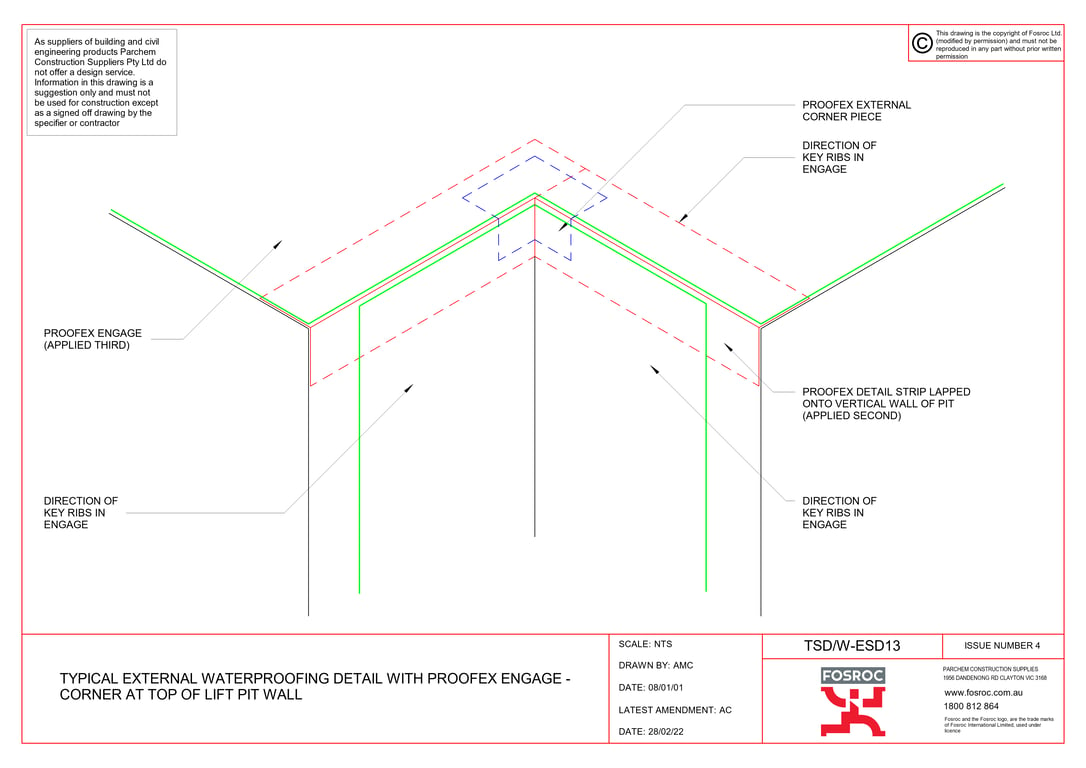 TSD-W-ESD13 - TYPICAL EXTERNAL WATERPROOFING DETAIL WITH PROOFEX ENGAGE - CORNER AT TOP OF LIFT PIT WALL