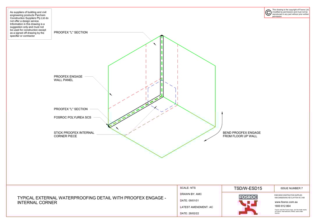 Navigate to TSD-W-ESD15 - TYPICAL EXTERNAL WATERPROOFING DETAIL WITH PROOFEX ENGAGE - INTERNAL CORNER