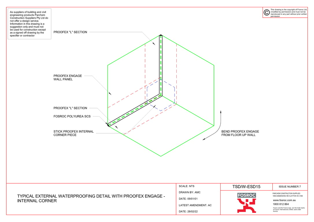 TSD-W-ESD15 - TYPICAL EXTERNAL WATERPROOFING DETAIL WITH PROOFEX ENGAGE - INTERNAL CORNER