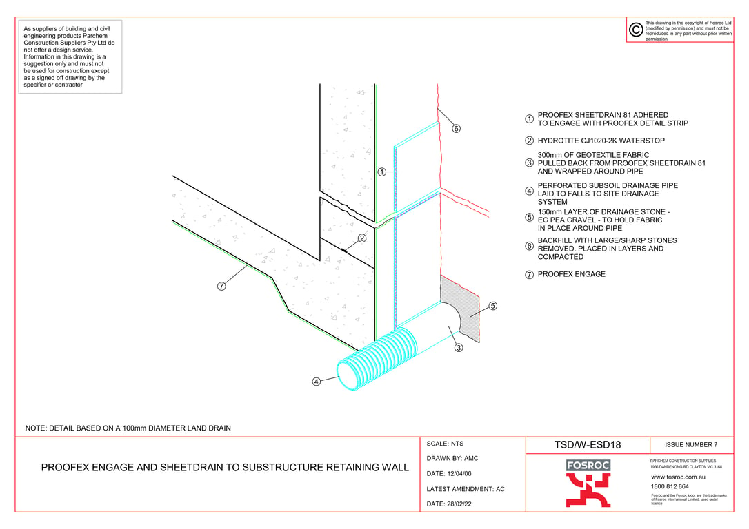 TSD-W-ESD18 - PROOFEX ENGAGE AND SHEETDRAIN TO SUBSTRUCTURE RETAINING WALL