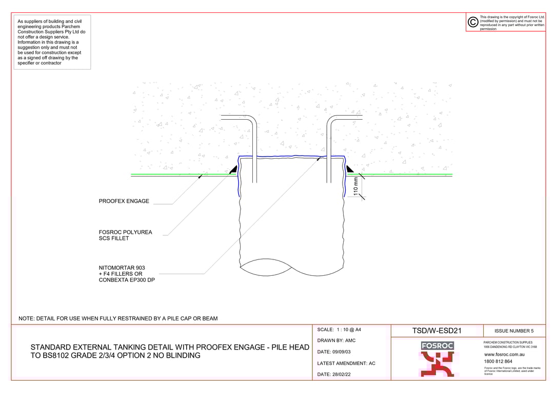 Navigate to TSD-W-ESD21 - STANDARD EXTERNAL TANKING DETAIL WITH PROOFEX ENGAGE - PILE HEAD TO BS8102 GRADE 2-3-4 OPTION 2 NO BLINDING