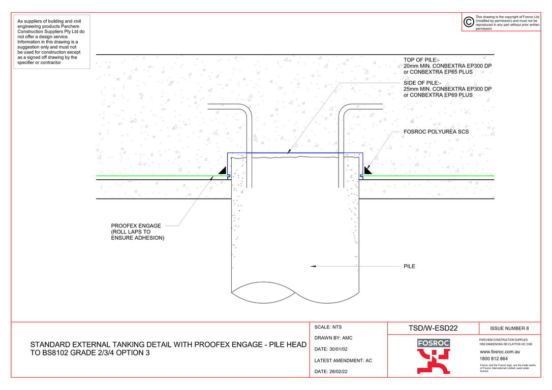 Image of TSD-W-ESD22 - STANDARD EXTERNAL TANKING DETAIL WITH PROOFEX ENGAGE - PILE HEAD TO BS8102 GRADE 2-3-4 OPTION 3