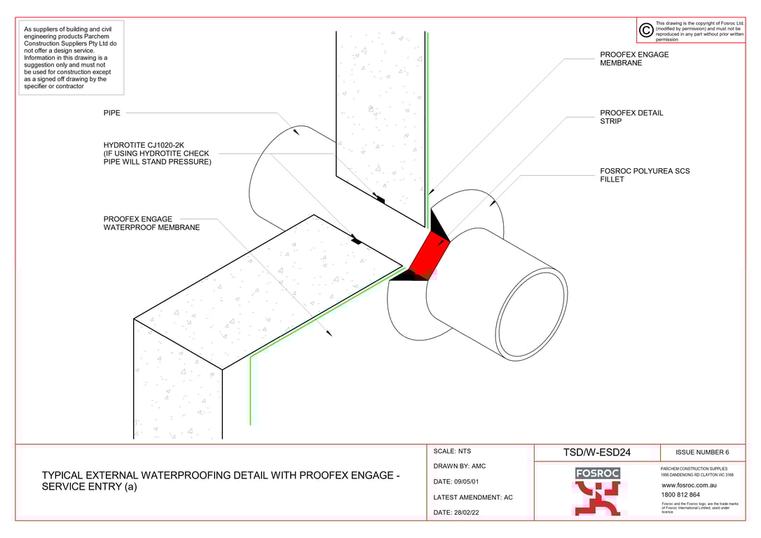Navigate to TSD-W-ESD24 - TYPICAL EXTERNAL WATERPROOFING DETAIL WITH PROOFEX ENGAGE - SERVICE ENTRY (a)