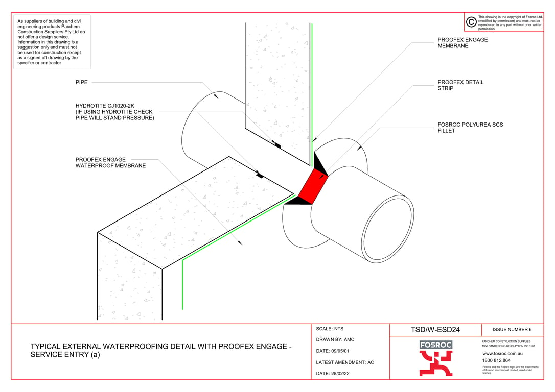 TSD-W-ESD24 - TYPICAL EXTERNAL WATERPROOFING DETAIL WITH PROOFEX ENGAGE - SERVICE ENTRY (a)