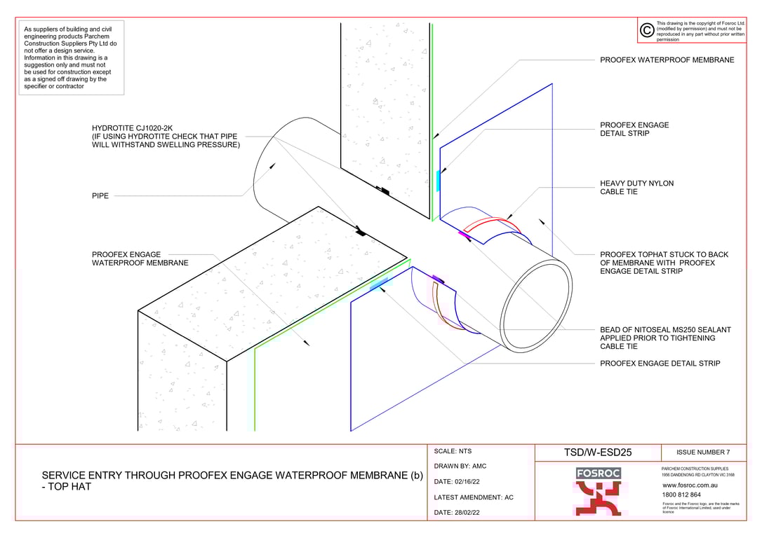 Navigate to TSD-W-ESD25 - SERVICE ENTRY THROUGH PROOFEX ENGAGE WATERPROOF MEMBRANE (b) - TOP HAT