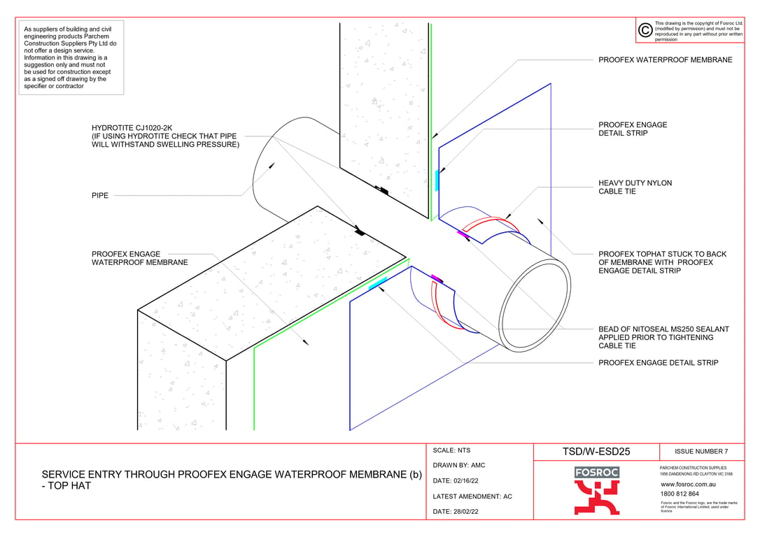 TSD-W-ESD25 - SERVICE ENTRY THROUGH PROOFEX ENGAGE WATERPROOF MEMBRANE (b) - TOP HAT