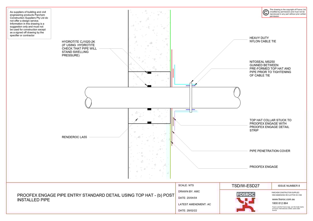 Navigate to TSD-W-ESD27 - PROOFEX ENGAGE PIPE ENTRY STANDARD DETAIL USING TOP HAT - (b) POST INSTALLED PIPE