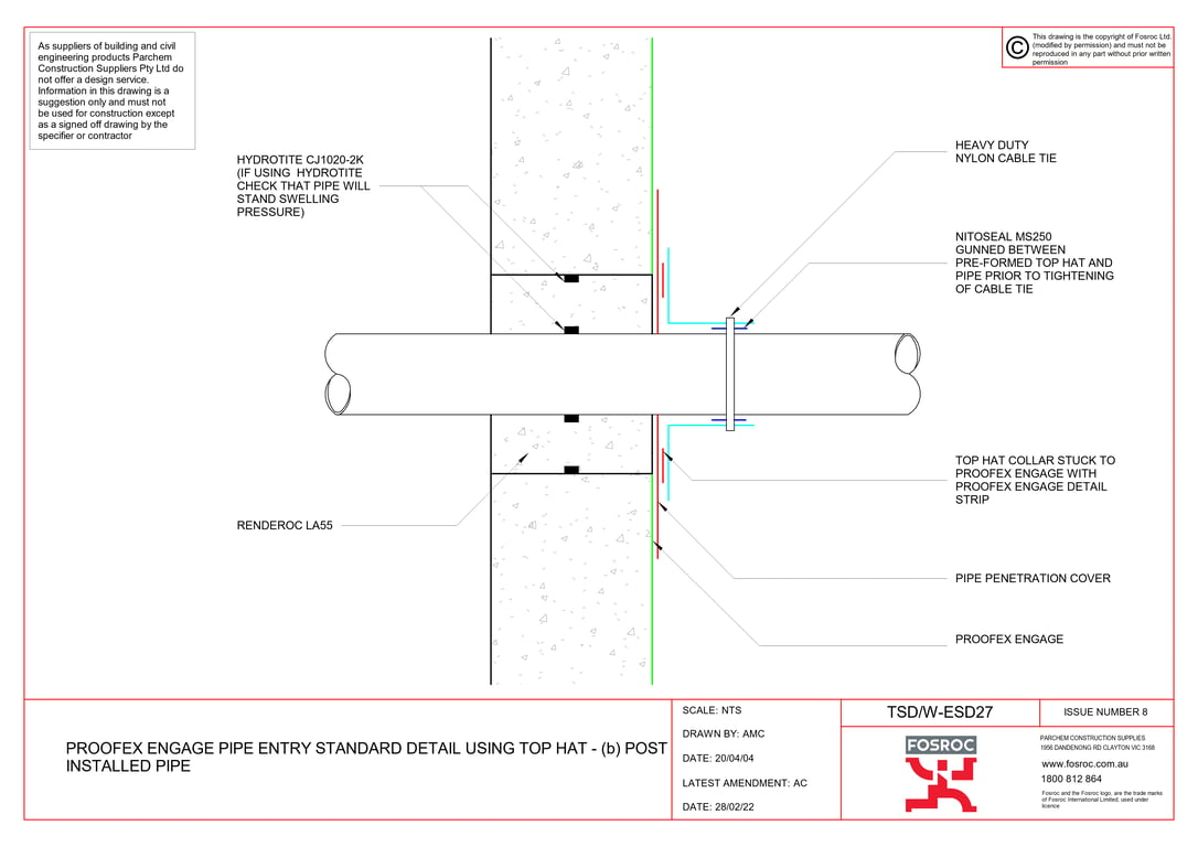 TSD-W-ESD27 - PROOFEX ENGAGE PIPE ENTRY STANDARD DETAIL USING TOP HAT - (b) POST INSTALLED PIPE