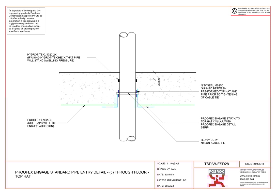 Navigate to TSD-W-ESD28 - PROOFEX ENGAGE STANDARD PIPE ENTRY DETAIL - (c) THROUGH FLOOR - TOP HAT