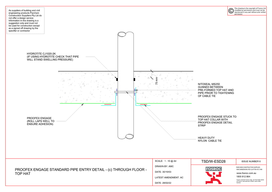 TSD-W-ESD28 - PROOFEX ENGAGE STANDARD PIPE ENTRY DETAIL - (c) THROUGH FLOOR - TOP HAT