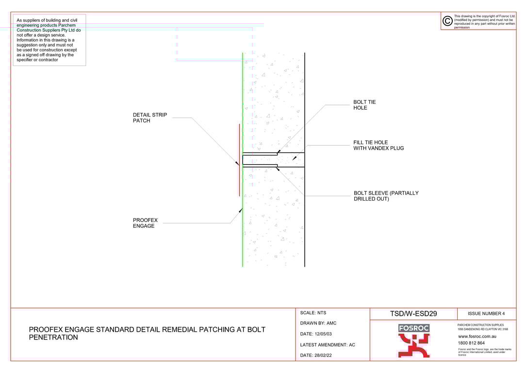 Navigate to TSD-W-ESD29 - PROOFEX ENGAGE STANDARD DETAIL REMEDIAL PATCHING AT BOLT PENETRATION