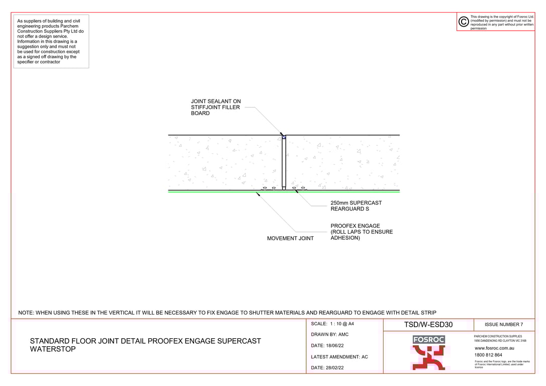 Navigate to TSD-W-ESD30 - STANDARD FLOOR JOINT DETAIL PROOFEX ENGAGE SUPERCAST WATERSTOP