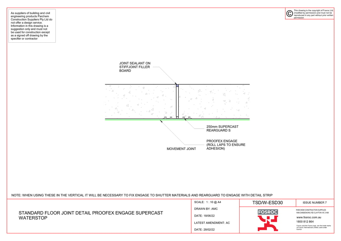 TSD-W-ESD30 - STANDARD FLOOR JOINT DETAIL PROOFEX ENGAGE SUPERCAST WATERSTOP