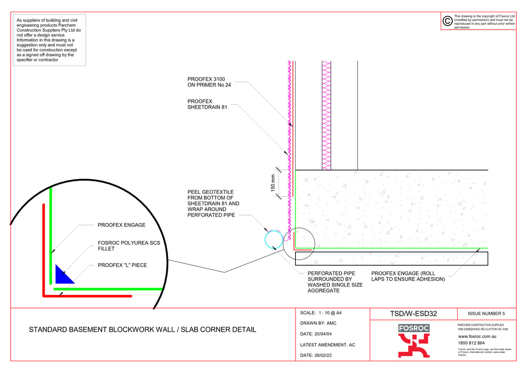 TSD-W-ESD32 - STANDARD BASEMENT BLOCKWORK WALL - SLAB CORNER DETAIL