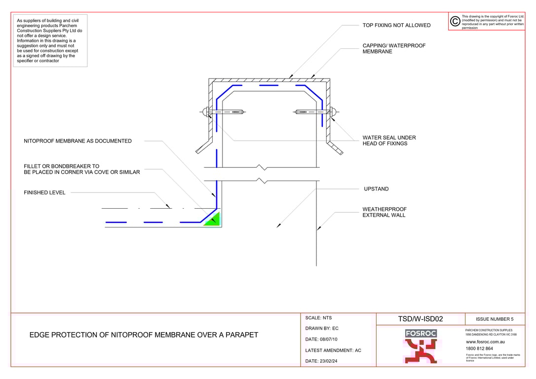 Navigate to TSD-W-ISD02 - EDGE PROTECTION OF NITOPROOF MEMBRANE OVER A PARAPET