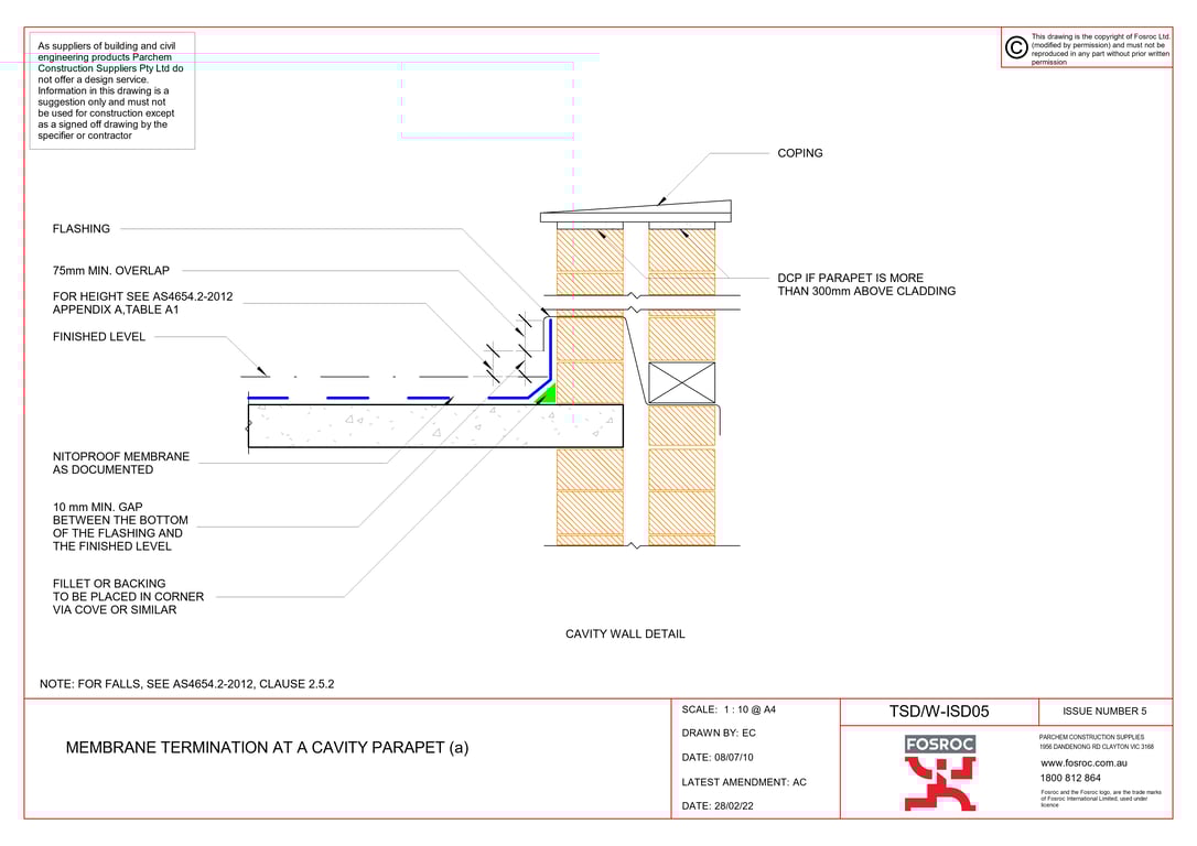 Navigate to TSD-W-ISD05 - MEMBRANE TERMINATION AT A CAVITY PARAPET (a)