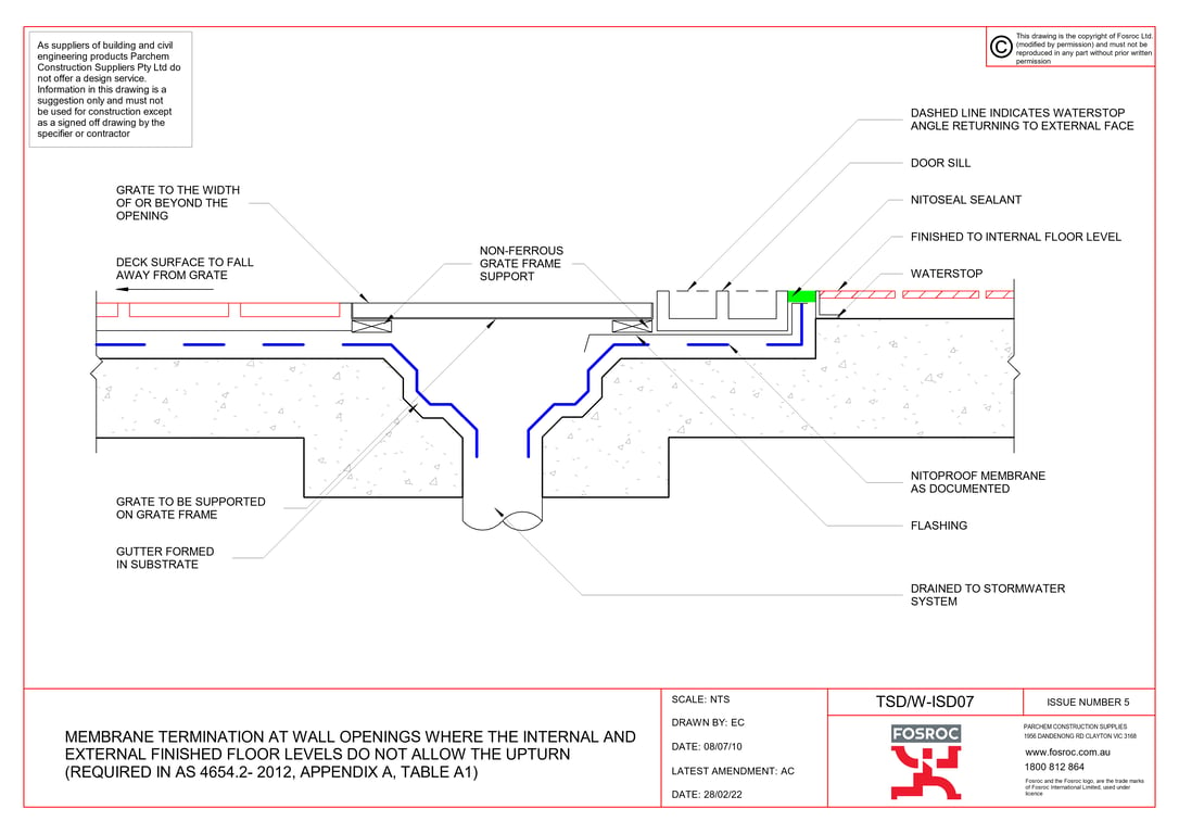 Image of TSD-W-ISD07 - MEMBRANE TERMINATION AT WALL OPENINGS WHERE THE INTERNAL AND EXTERNAL FINISHED FLOOR LEVELS DO NOT ALLOW THE UPTURN