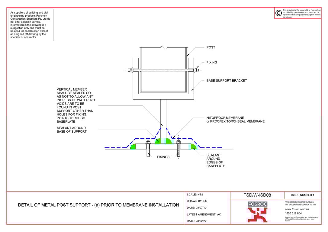 Navigate to TSD-W-ISD08 - DETAIL OF METAL POST SUPPORT - (a) PRIOR TO MEMBRANE INSTALLATION