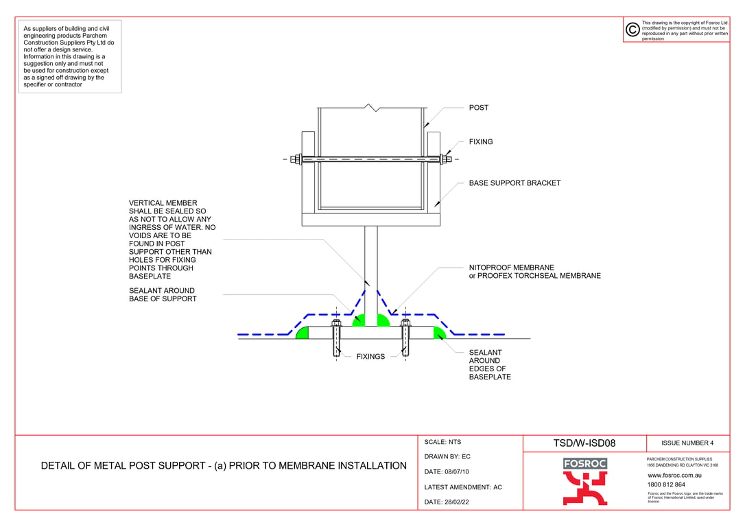  Image of TSD-W-ISD08 - DETAIL OF METAL POST SUPPORT - (a) PRIOR TO MEMBRANE INSTALLATION