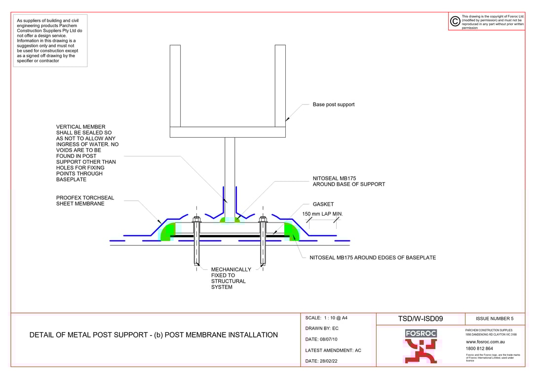Navigate to TSD-W-ISD09 - DETAIL OF METAL POST SUPPORT - (b) POST MEMBRANE INSTALLATION