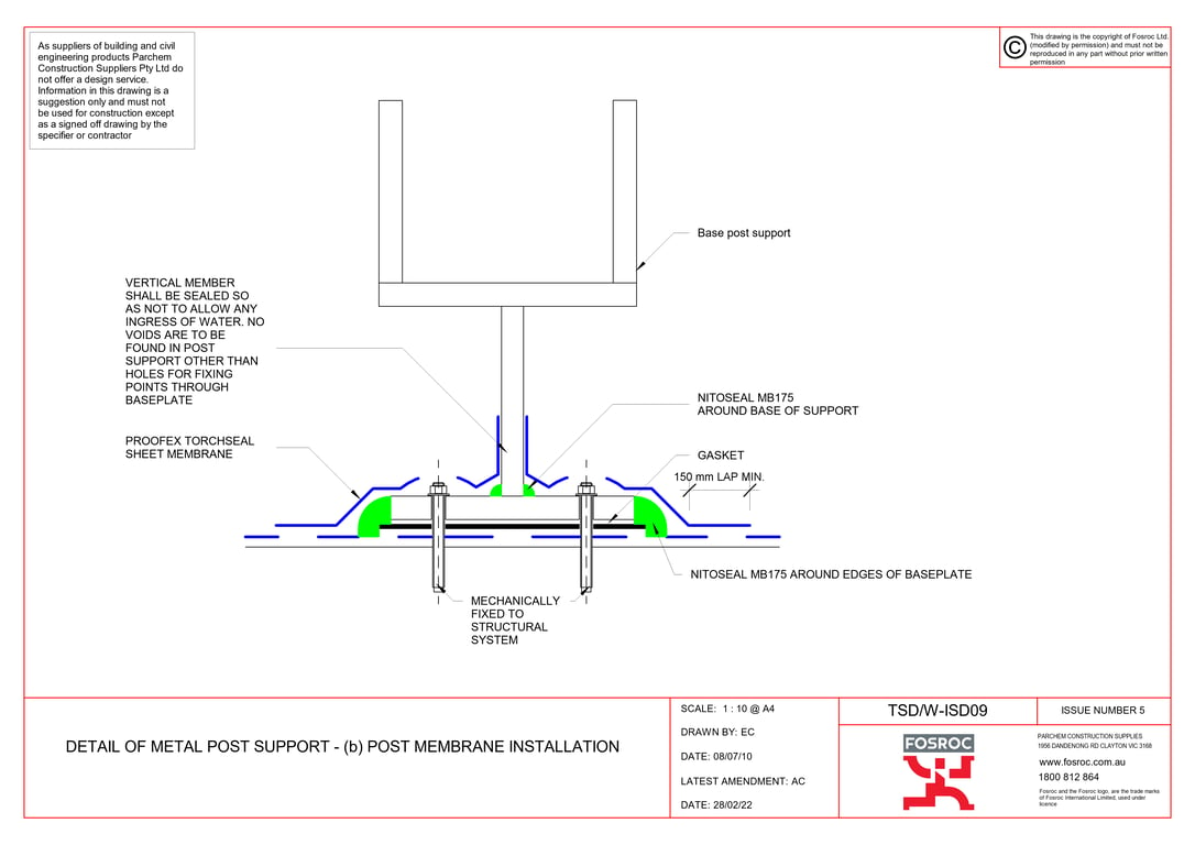  Image of TSD-W-ISD09 - DETAIL OF METAL POST SUPPORT - (b) POST MEMBRANE INSTALLATION