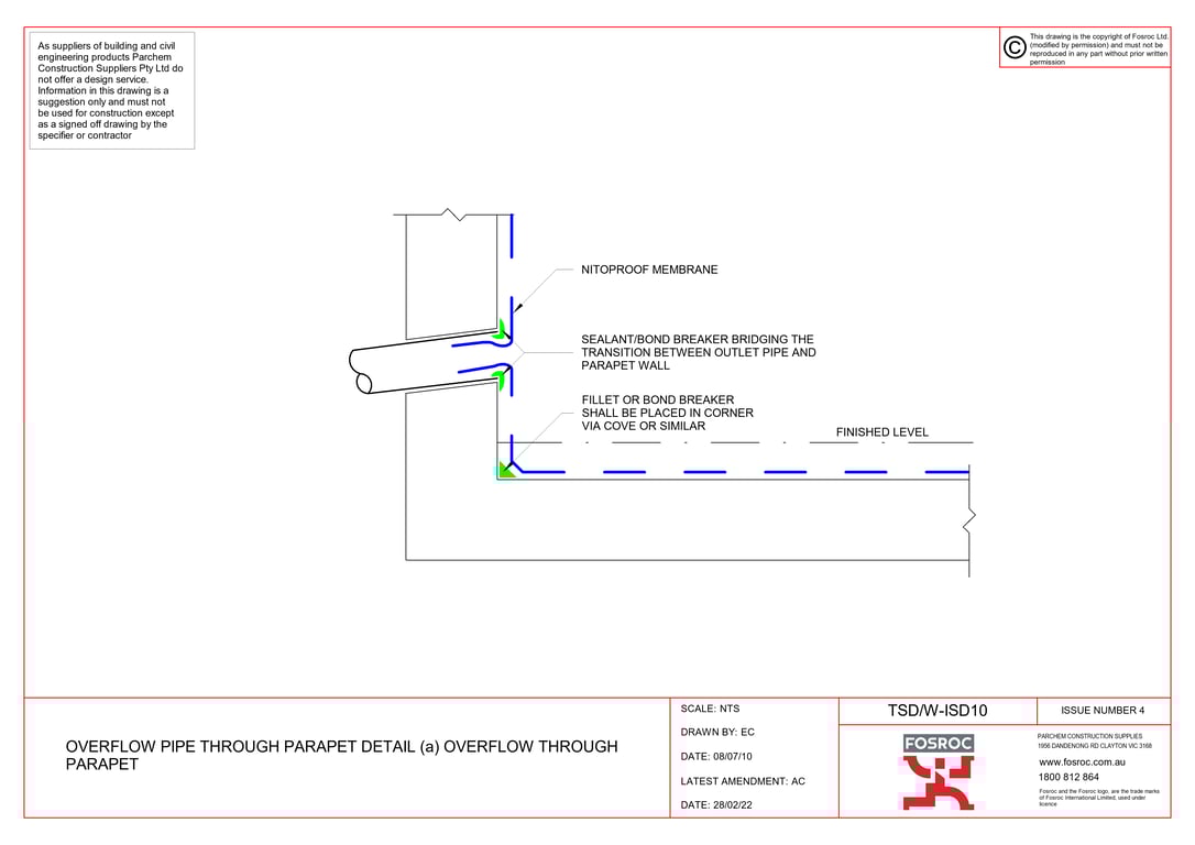 Navigate to TSD-W-ISD10 - OVERFLOW PIPE THROUGH PARAPET DETAIL (a) OVERFLOW THROUGH PARAPET