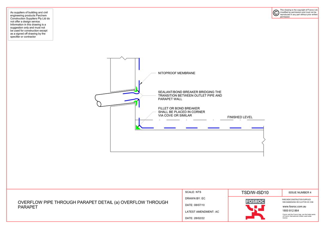 TSD-W-ISD10 - OVERFLOW PIPE THROUGH PARAPET DETAIL (a) OVERFLOW THROUGH PARAPET