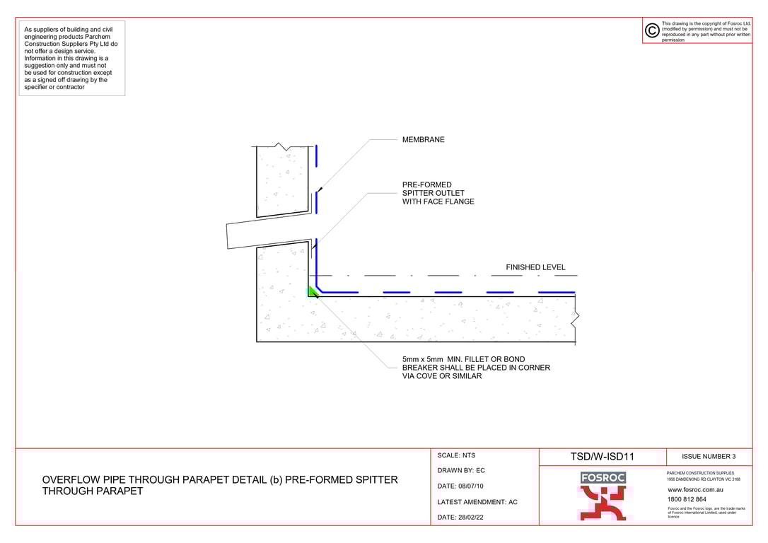 Navigate to TSD-W-ISD11 - OVERFLOW PIPE THROUGH PARAPET DETAIL (b) PRE-FORMED SPITTER THROUGH PARAPET