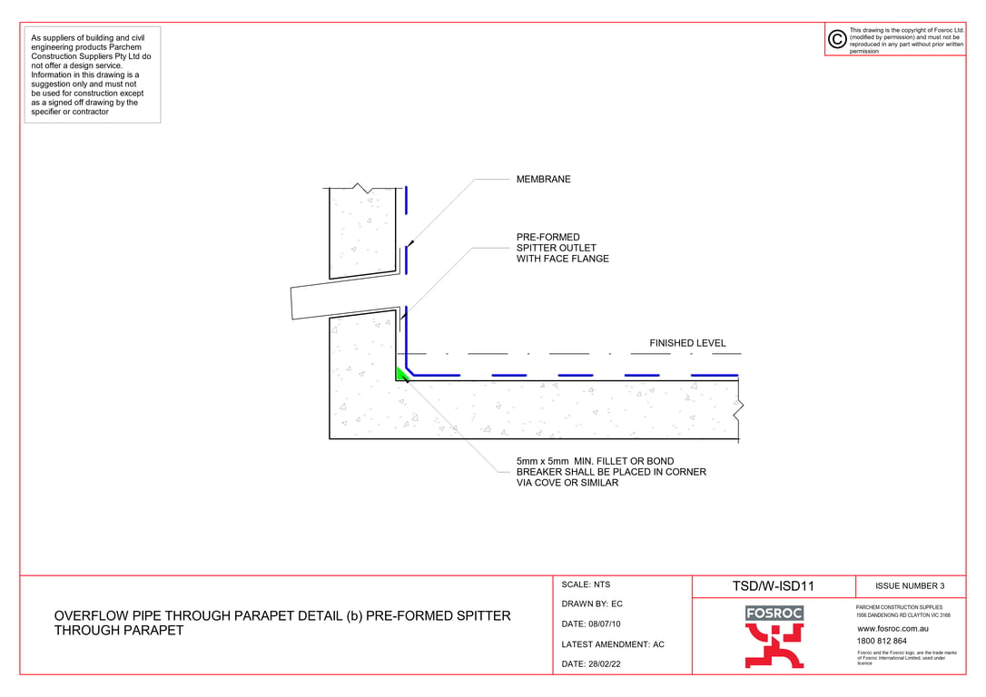 TSD-W-ISD11 - OVERFLOW PIPE THROUGH PARAPET DETAIL (b) PRE-FORMED SPITTER THROUGH PARAPET