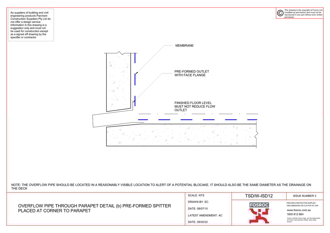 Navigate to TSD-W-ISD12 - OVERFLOW PIPE THROUGH PARAPET DETAIL (c) PRE-FORMED SPITTER PLACED AT CORNER TO PARAPET