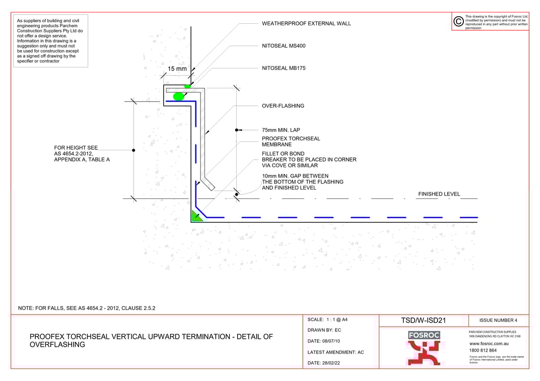 Navigate to TSD-W-ISD21 - PROOFEX TORCHSEAL VERTICAL UPWARD TERMINATION - DETAIL OF OVERFLASHING