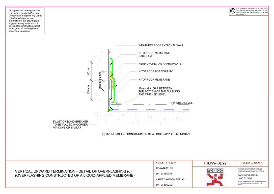 Navigate to TSD-W-ISD22 - VERTICAL UPWARD TERMINATION - DETAIL OF OVERFLASHING (d) (OVERFLASHING CONSTRUCTED OF A LIQUID-APPLIED MEMBRANE)