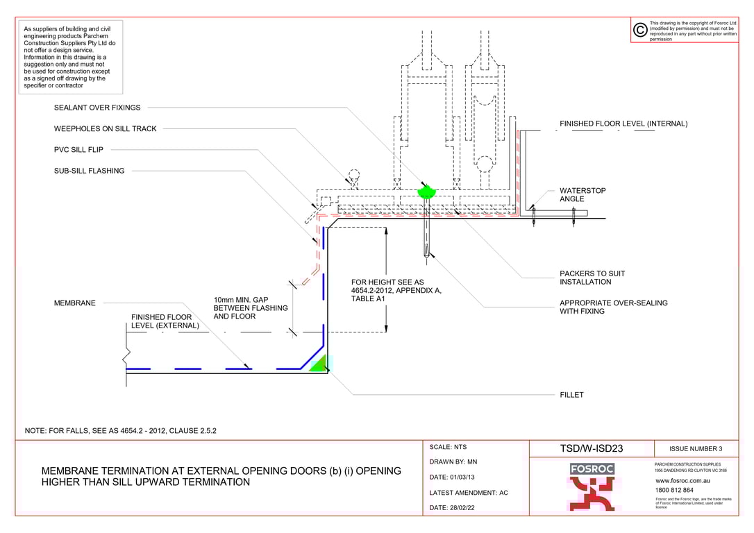 Navigate to TSD-W-ISD23 - MEMBRANE TERMINATION AT EXTERNAL OPENING DOORS (b) (i) OPENING HIGHER THAN SILL UPWARD TERMINATION