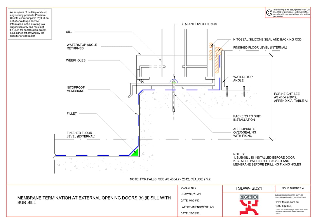 TSD-W-ISD24 - MEMBRANE TERMINATION AT EXTERNAL OPENING DOORS (b) (ii) SILL WITH SUB-SILL