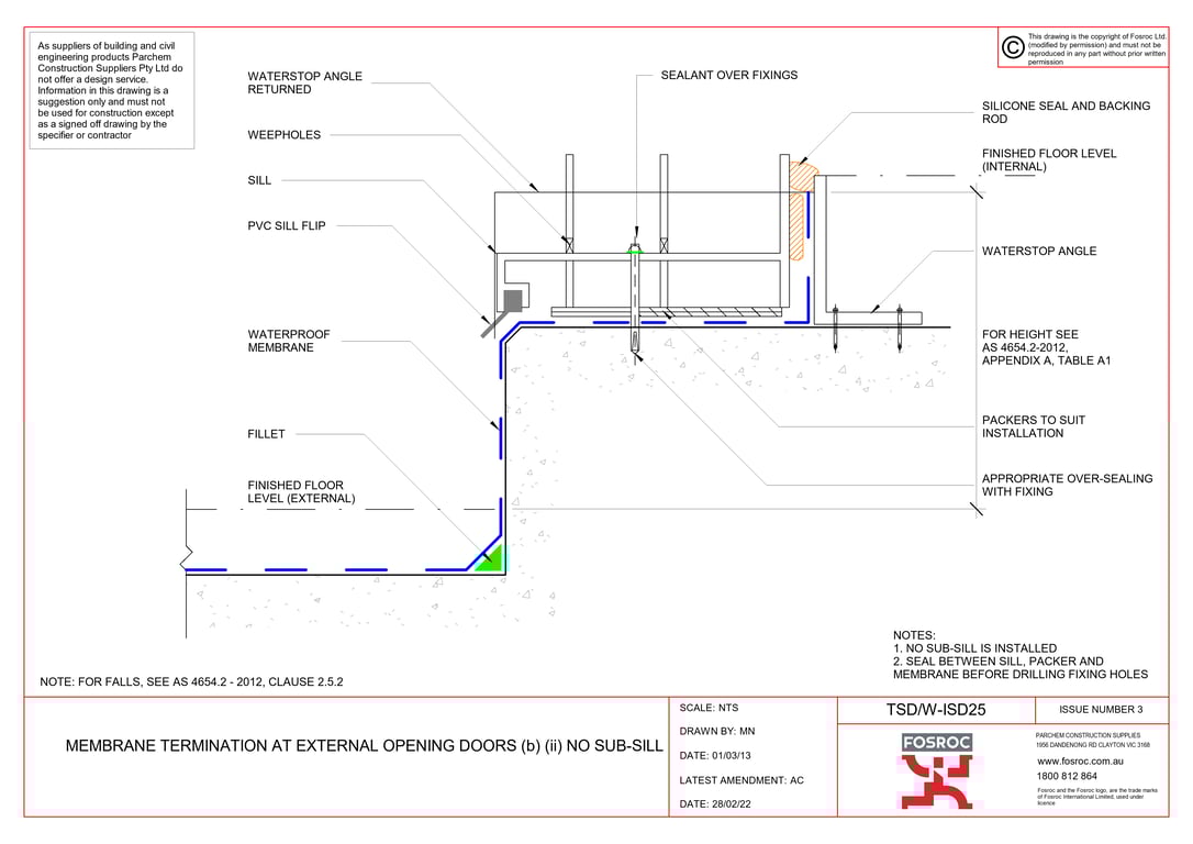 Navigate to TSD-W-ISD25 - MEMBRANE TERMINATION AT EXTERNAL OPENING DOORS (b) (ii) NO SUB-SILL