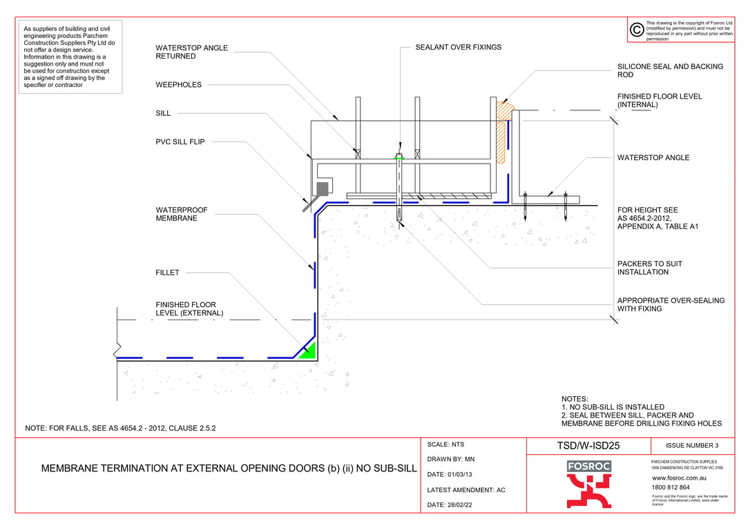 TSD-W-ISD25 - MEMBRANE TERMINATION AT EXTERNAL OPENING DOORS (b) (ii) NO SUB-SILL