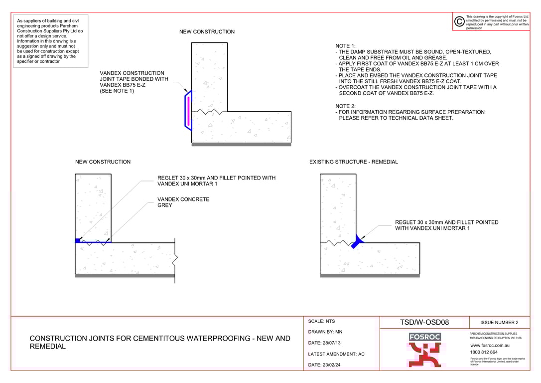 Navigate to TSD-W-OSD08 - CONSTRUCTION JOINTS FOR CEMENTITOUS WATERPROOFING - NEW AND REMEDIAL