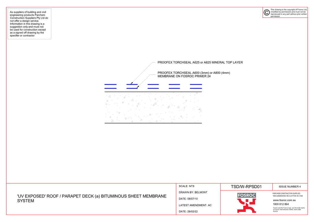 TSD-W-RPSD01 - 'UV EXPOSED' ROOF - PARAPET DECK (a) BITUMINOUS SHEET MEMBRANE SYSTEM