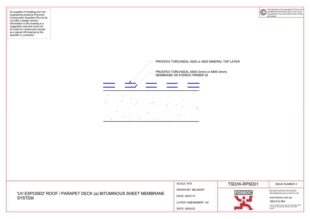 Navigate to TSD-W-RPSD01 - UV EXPOSED ROOF - PARAPET DECK (a) BITUMINOUS SHEET MEMBRANE SYSTEM