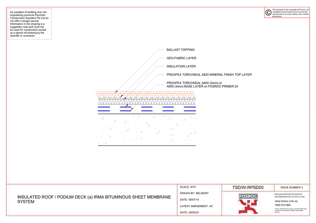 Navigate to TSD-W-RPSD05 - INSULATED ROOF - PODIUM DECK (a) IRMA BITUMINOUS SHEET MEMBRANE SYSTEM