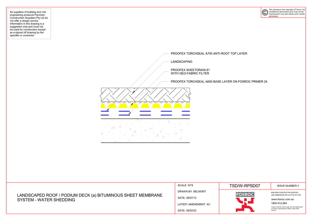  Image of TSD-W-RPSD07 - LANDSCAPED ROOF - PODIUM DECK (a) BITUMINOUS SHEET MEMBRANE SYSTEM - WATER SHEDDING