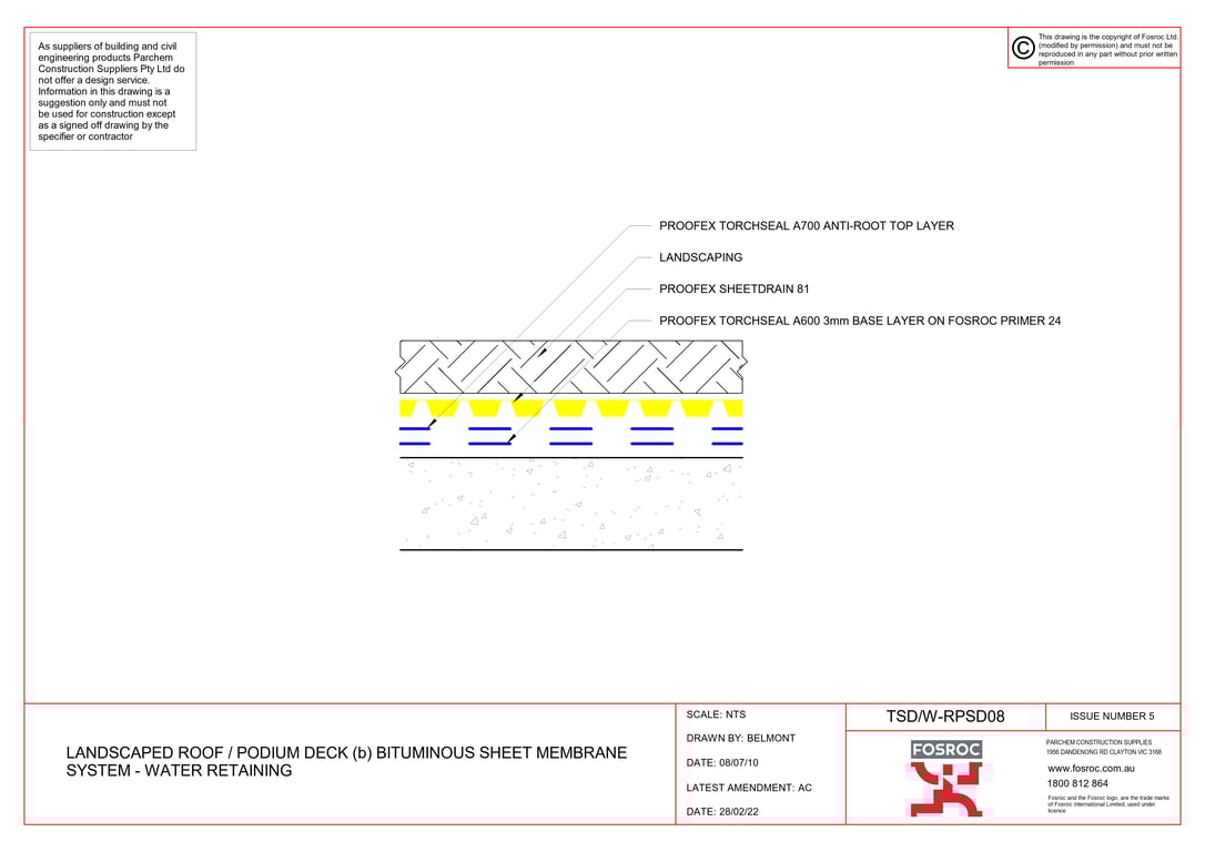 Navigate to TSD-W-RPSD08 - LANDSCAPED ROOF - PODIUM DECK (b) BITUMINOUS SHEET MEMBRANE SYSTEM - WATER RETAINING