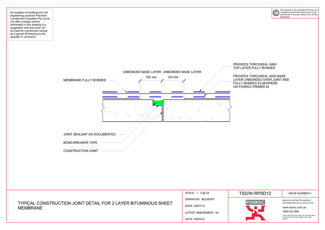  Image of TSD-W-RPSD12 - TYPICAL CONSTRUCTION JOINT DETAIL FOR 2 LAYER BITUMINOUS SHEET MEMBRANE