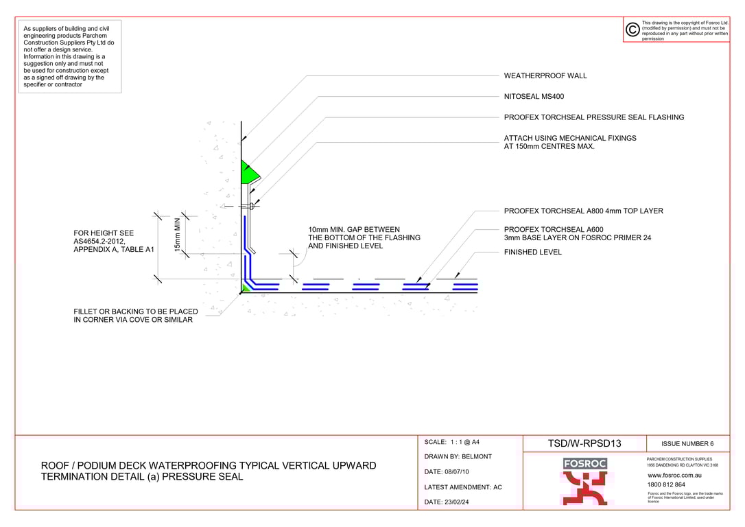Navigate to TSD-W-RPSD13 - ROOF - PODIUM DECK WATERPROOFING TYPICAL VERTICAL UPWARD TERMINATION DETAIL (a) PRESSURE SEAL