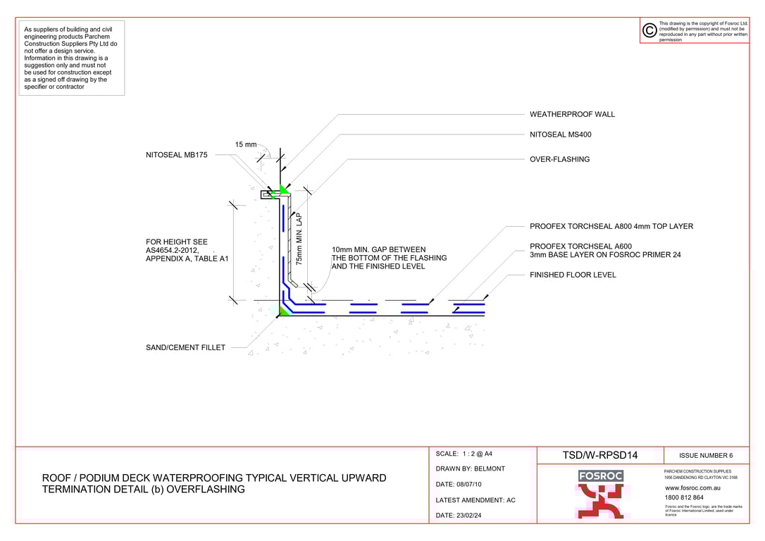 Navigate to TSD-W-RPSD14 - ROOF - PODIUM DECK WATERPROOFING TYPICAL VERTICAL UPWARD TERMINATION DETAIL (b) OVERFLASHING