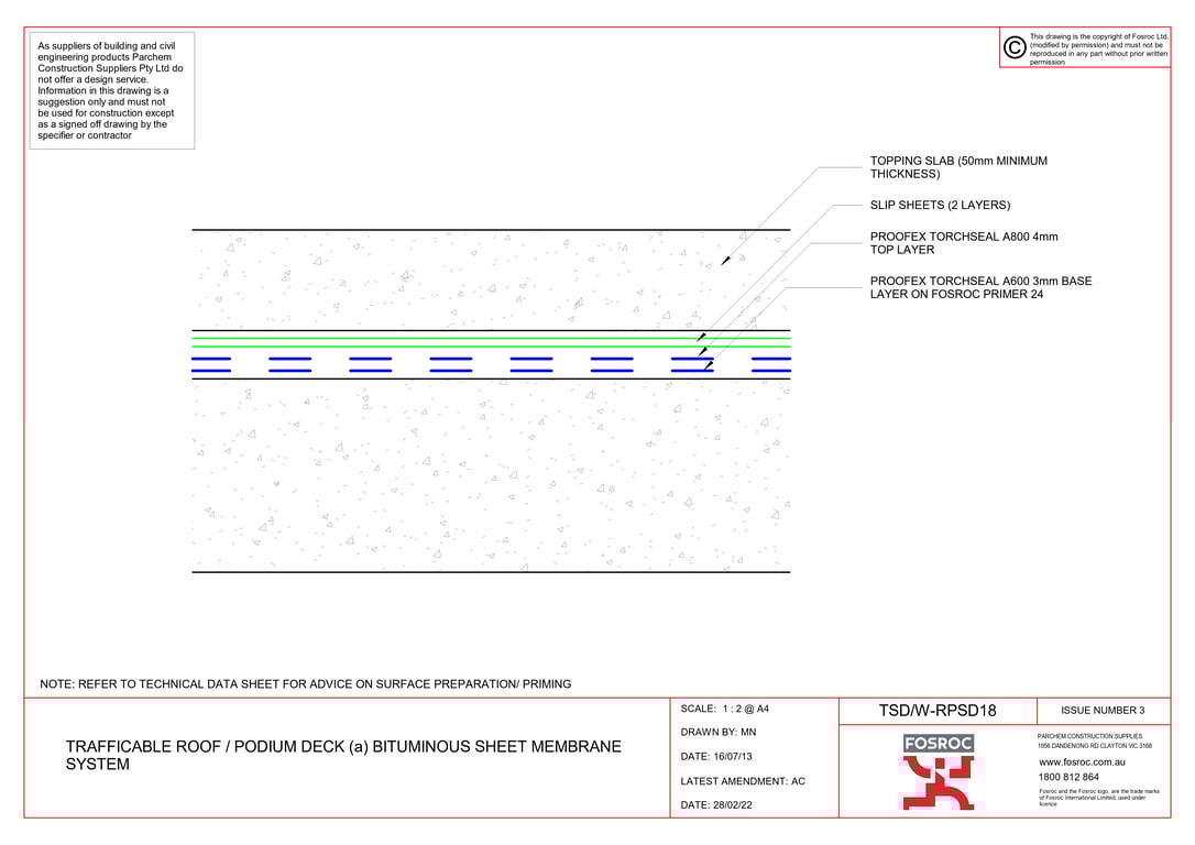 Navigate to TSD-W-RPSD18 - TRAFFICABLE ROOF - PODIUM DECK (a) BITUMINOUS SHEET MEMBRANE SYSTEM