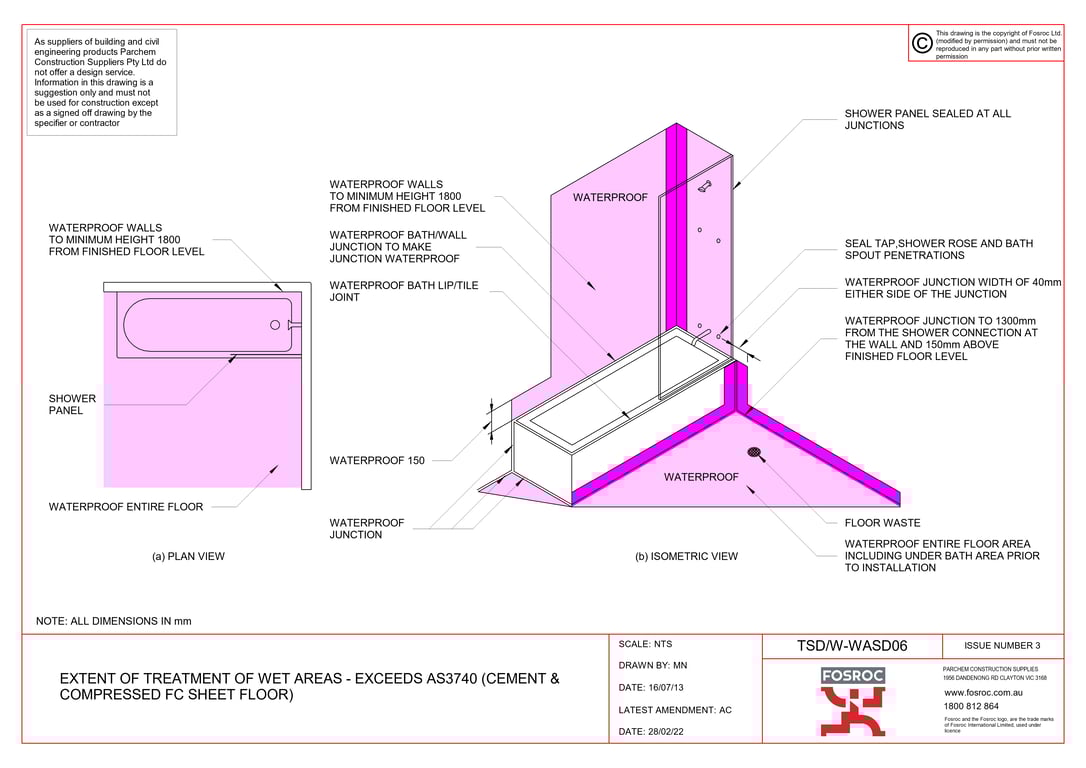 Navigate to TSD-W-WASD06 - EXTENT OF TREATMENT OF WET AREAS - EXCEEDS AS3740 (CEMENT AND COMPRESSED FC SHEET FLOOR)