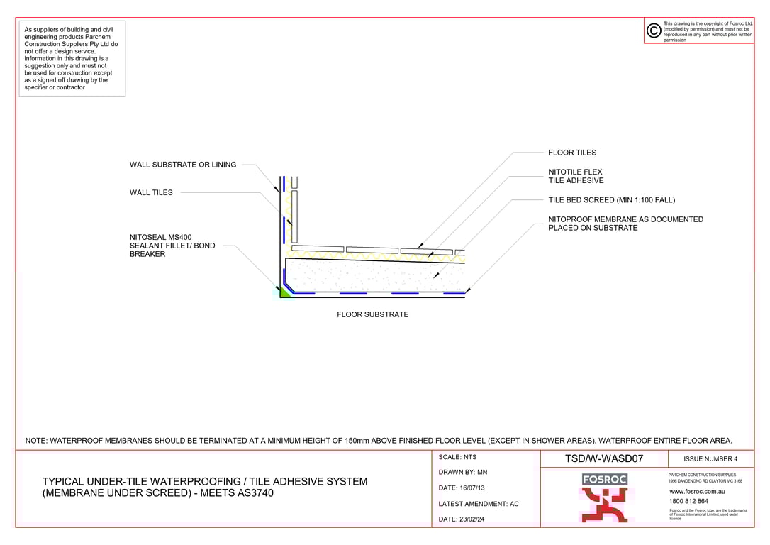 Navigate to TSD-W-WASD07 - TYPICAL UNDER-TILE WATERPROOFING - TILE ADHESIVE SYSTEM (MEMBRANE UNDER SCREED) - MEETS AS3740