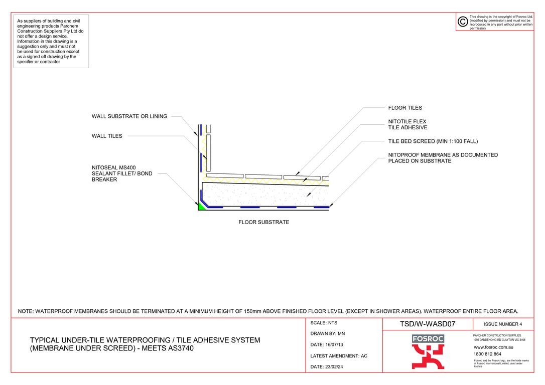  Image of TSD-W-WASD07 - TYPICAL UNDER-TILE WATERPROOFING - TILE ADHESIVE SYSTEM (MEMBRANE UNDER SCREED) - MEETS AS3740