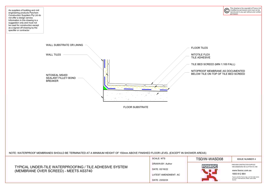 Navigate to TSD-W-WASD08 - TYPICAL UNDER-TILE WATERPROOFING - TILE ADHESIVE SYSTEM (MEMBRANE OVER SCREED) - MEETS AS3740